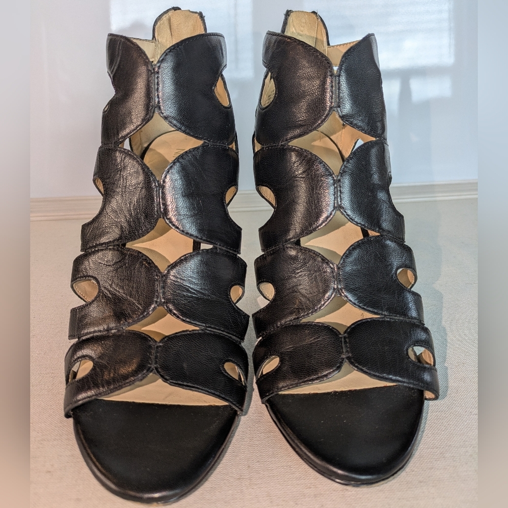 Nine West NWFLORA Black Leather Strappy Heels Stiletto Sandals Size 9 - Picture 2 of 8